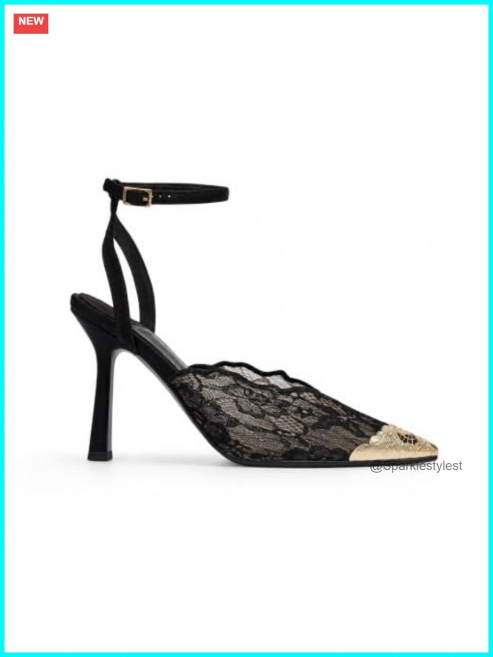 Lace Pumps Women Pointed Toe 4 Inch Stiletto High Heels Gold Tone Metal Toe Cap
